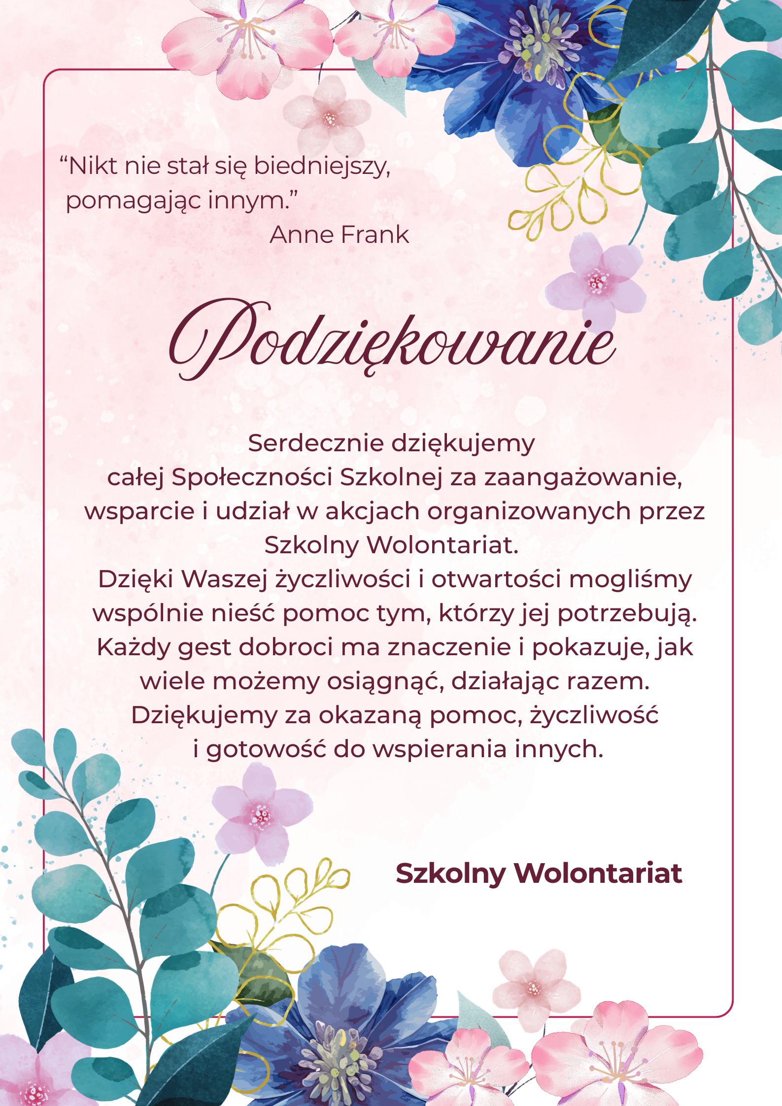 Laurka - podziękowanie dla całej społeczności szkolnej